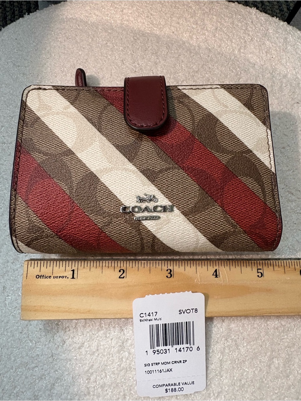Coach Compact Stripe Card Case in Red, Brown & Cream